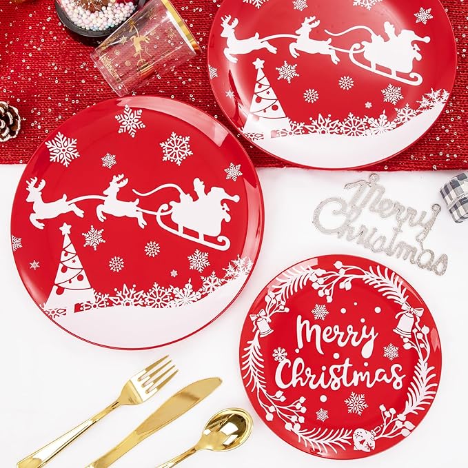LIYH 150 Pcs Plastic Christmas Dinnerware Set, Red Christmas Plates with Reindeer Design, Gold Plastic Silverware, Xmas Gold Cups, Festive Holiday Tableware Party Supplies