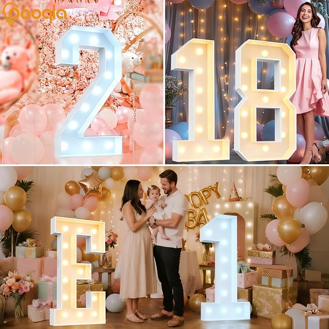 Pooqla 4 FT Light Up Marquee Numbers, LED Large Lighted Marquee Numbers, Giant Mosaic Light Up Number for Balloons 5th 15th 50th Birthday Party Decoration, Cool White and Warm White LED 5
