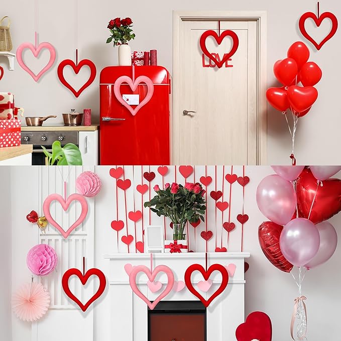 Aneco 6 Pieces Valentine‘s Day 3D Velvet Heart Hanging Ornament 9.45 Inch Foam Heart Wreaths for Valentine‘s Day Wedding Anniversary Front Door Home Decor, Red and Pink