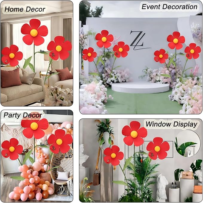 Giant Artificial Daisy Flowers Decoration Five Petal 5.8 Ft Tall Large Fake Daisies Spring Wild Flower for Party Garden Office Home Wedding Decor(Red)