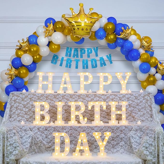 173pcs Happy Birthday LED Marquee Light Up Letters Sign Birthday Decorations with Crown Gold Foil Balloons and Banner for Anniversary Party Night Lamp Banquet Props