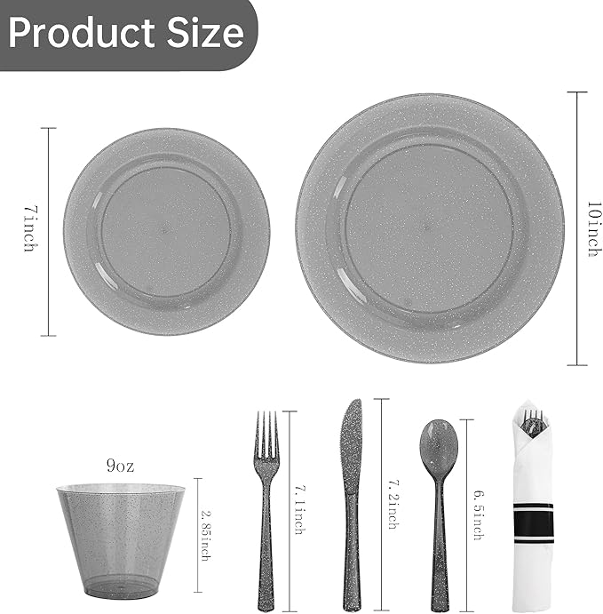 DaYammi 350 Pieces Black Glitter Dinnerware Set 50 Guest for Party- 50 Dinner Plates, 50 Dessert Plates -50 Per Rolled Napkins with Black Cutlery - 50 Disposable Cups 9 OZ