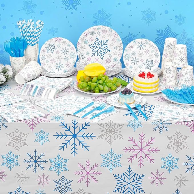 452 Pcs Winter Decoration Wonderland Snowflake Party Supplies, Blue Pink Silver Snowflake Paper Plates Napkins Cups Tablecloth Cutlery Straws for Christmas Gender Reveal Baby Shower Party