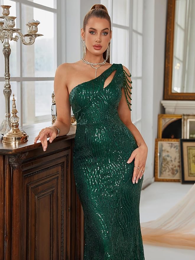 Women One Shoulder 1920s Plus Size Formal Dress Tassels Sleeve Sequins Gatsby Maxi Evening Gown