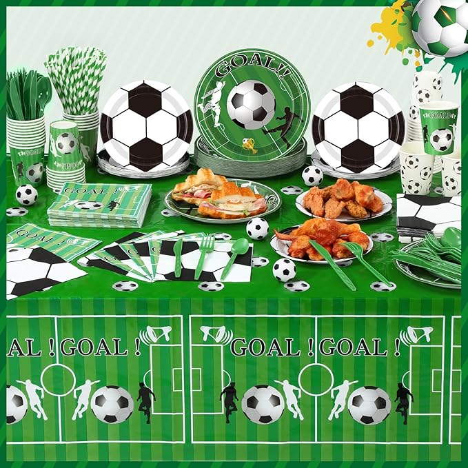 452 Pcs Party Supplies Serve 50 Guests, Paper Plates Napkins Cups Cutlery Plastic Tablecloth Dinnerware for Birthday Wedding Party Decoration(Green,Soccer)