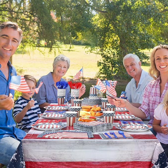 452 Pcs 4th of July Party Supplies for 50 Guests, American Flag Patriotic Paper Plates Napkins Cups Tablecloth Cutlery Straw White Red and Blue Tableware for Fourth of July Party Decoration
