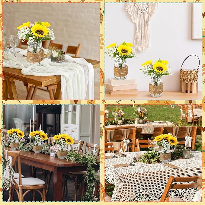 85 Pcs/ 12 Set Sunflower Mason Jar Table Centerpiece Mason Jar Vases Faux Floral with Rope Boho Rustic Flower Table Decoration for Reception Engagement Party Bridal Shower Wedding