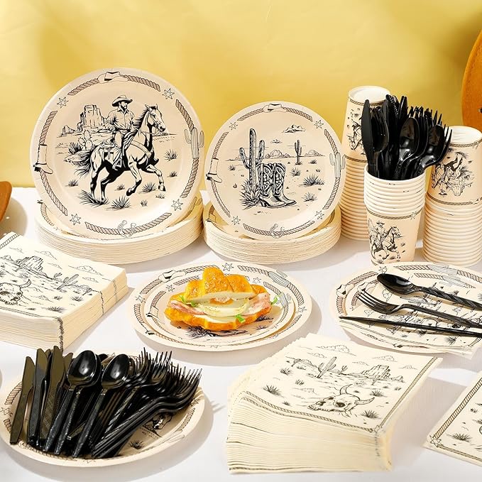 Pickmesh 400 Pcs Western Cowboy Party Plates and Napkin Decoration Wild West Rodeo Tableware Cups Knives for Rodeo Bachelorette and Wild Cowboy Birthday Party Supplies Serve 50