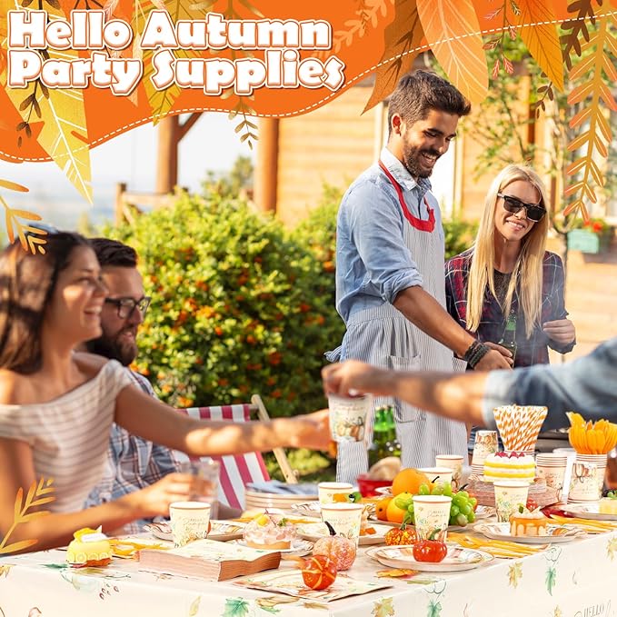 452 Pcs Hello Pumpkin Thanksgiving Fall Party Supplies for 50, Thanksgiving Pumpkins Paper Plates Napkins Cups Tablecloth Cutlery Straws for Autumn Harvest Birthday Baby Shower Decorations