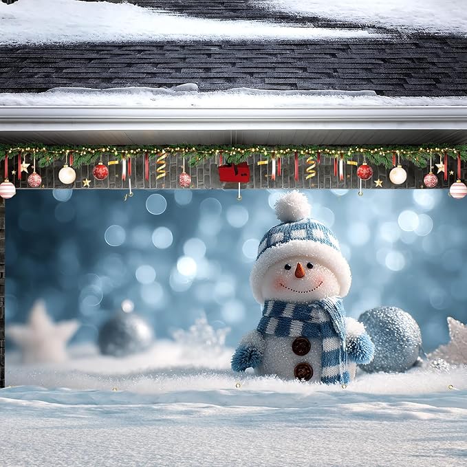 Christmas Garage Door Banner 7x16FT Snowman Winter Scene, Cute Holiday Garage Door Cover for Outdoor Xmas Decorations & Driveway Displays