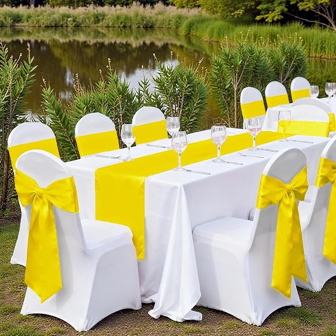 VDS Satin Chair Sashes Chair Cover Back Tie Sateen Bows Ribbon for Wedding Birthday Graduation Engagement Ceremony Event Party Banquet Venue Hotel All Dining Chair Decoration (50PC) (Yellow)