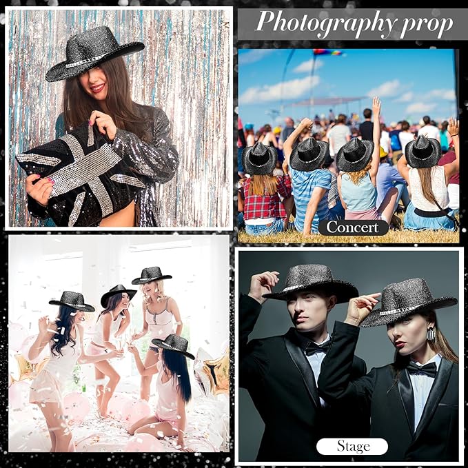 Hercicy 6 Pack Western Cowboy Hats with Rhinestone Tassel Bands Sequin Trim Sparkly Cowgirl Party Hats for Adults Women Men