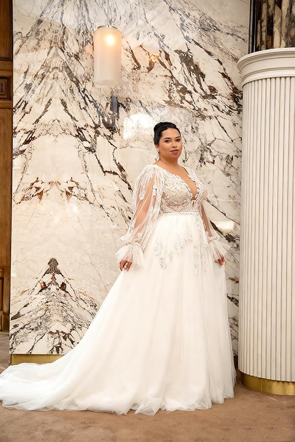 Plus Size Wedding Dresses for Bride Long Sleeve Wedding Bridal Gowns with Lace Appliques Off Shoulder Bride Dress