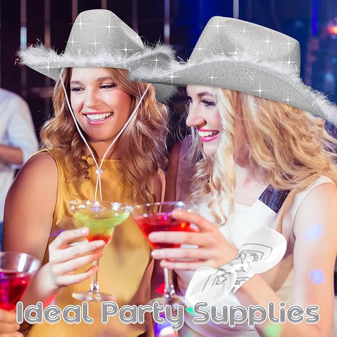 Coume 12 Pcs Sparkly Adults Cowboy Hat and Bandanas Women Men Western Glitter Cowgirl Party Hats with Adjustable Drawstring