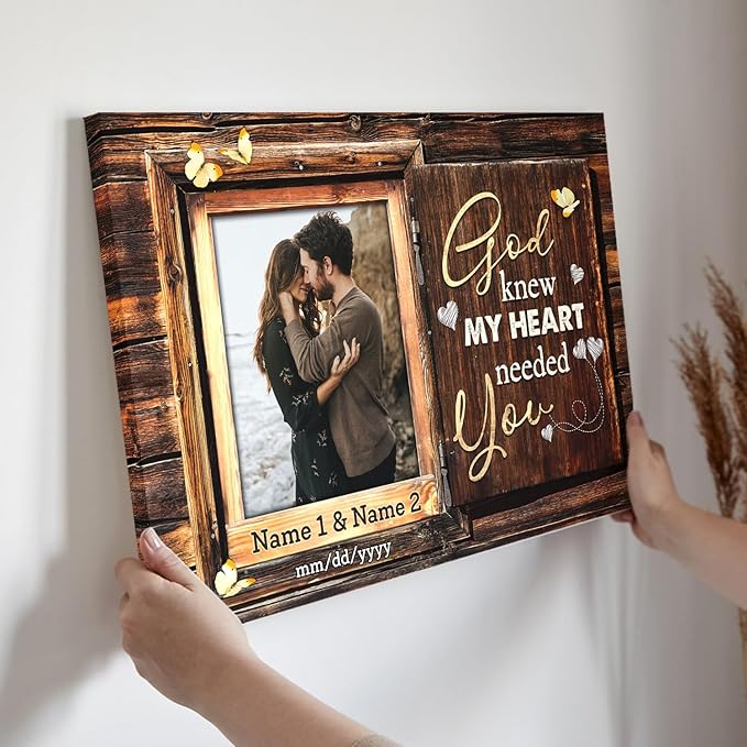 Personalized Canvas Prints, Custom Photo And Name, Window Frame God Knew My Heart Needed You, Wedding Gifts For Couple Anniversary Engagement Gift For Couples Canvas