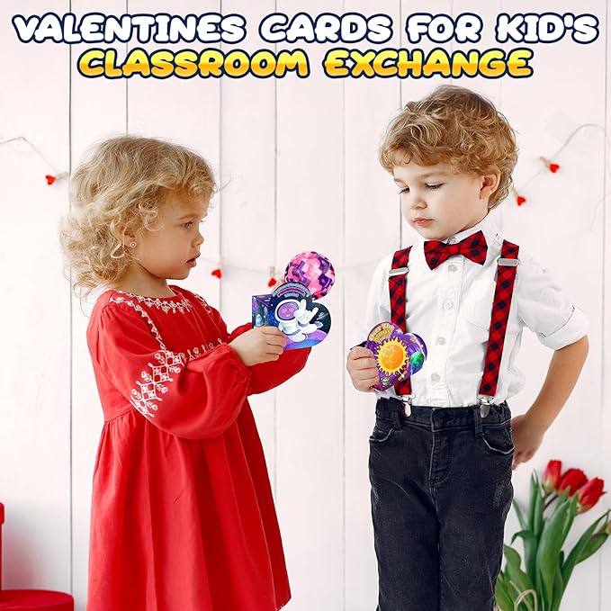24 Pack Valentines Day Gifts for Kids, 24 Moon Bouncy Balls with Valentines Day Cards for School Class Exchange Goodies Bag Stuffers Classroom Party Favors