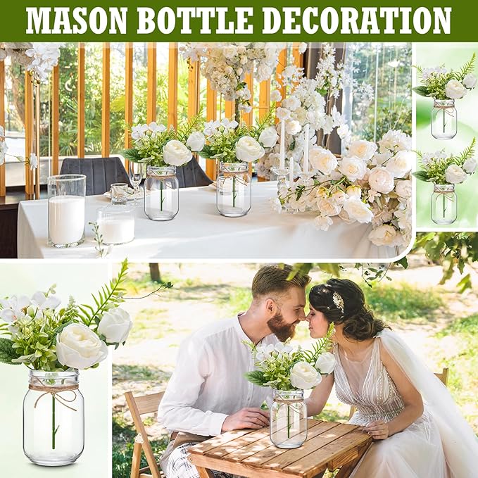 XunYee 10 Set Mason Jar Table Centerpiece with Flower Mason Jar Flower Centerpiece Vases Decor for Engagement Party Bridal Shower Centerpieces Wedding Reception Table Decor(Rose)