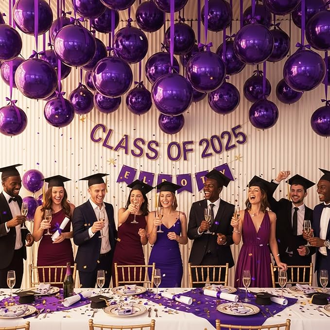 Jenaai 30 Set Round Foil Balloons Bulk 22 Inch 4d Metallic Giant Balloons Set with Satin Bows Ribbon for Ceiling Holiday Ornaments New Year Birthday Wedding Party Decoration(Purple)