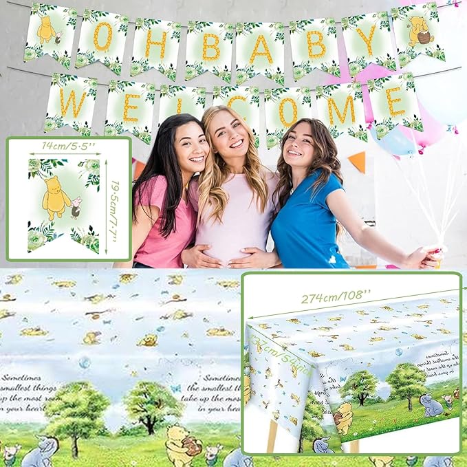 132pcs Classic Winnie Baby Shower Decorations Kit, All-in-1 Vintage Winnie Party Supplies Decorations, Classic The Pooh Backdrop Cake Topper, Winnie Baby Tablecloth Box Decorations for Baby Shower