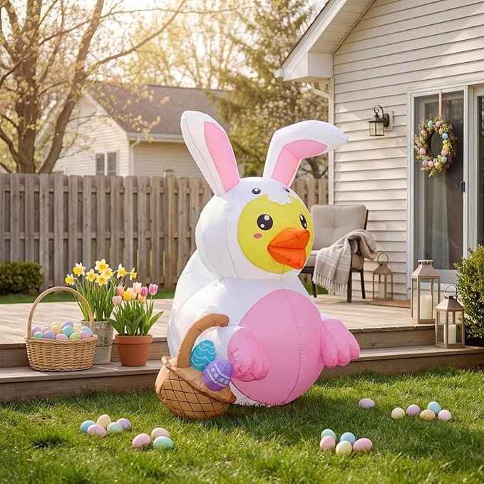5FT Easter Inflatable Duck with Bunny Ears and Egg Basket, Built-in LED Lighted Blow Up Decoration for Home, Yard, Outdoor, Indoor, Garden, Lawn Easter Inflatables Outdoor Decorations