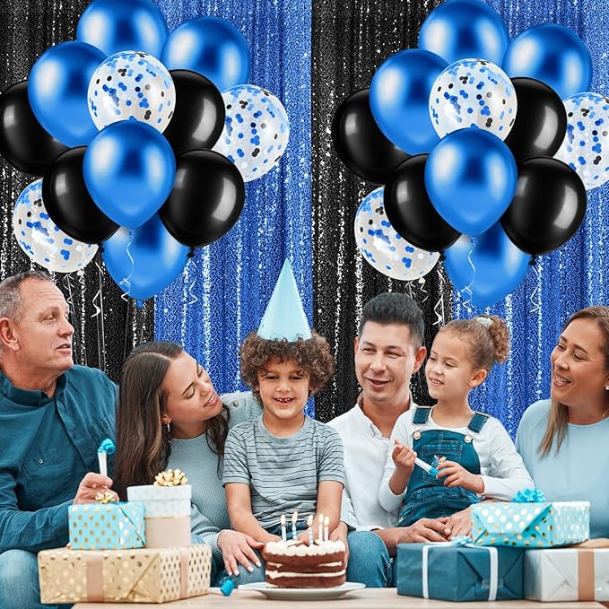 137 Pcs Blue Black Party Backdrop Kits - 4 Sequin Curtains Backdrop 133 Balloon Arch Kit, Glitter Photo Background for Birthday Christmas New Year Eve Wedding Anniversary Baby Shower