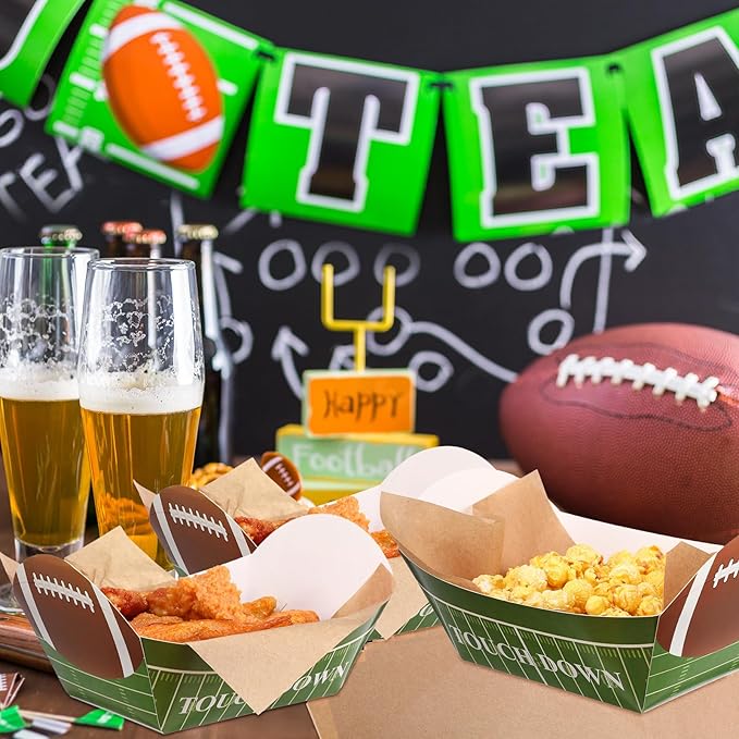 200 Pcs Football Party Decorations, 5 lb 100 Football Paper Food Trays Disposable Serving Trays Boats with 100 Grease Resistant Liner Papers for Birthday Party Supplies Sport Game Event Favors