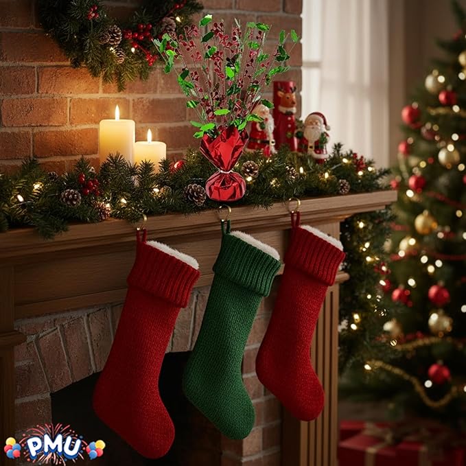 PMU 12Pc Christmas Bursting Holly Berry Centerpiece For Table Decor, Table Balloon Weights for Theme Party Decorations Supplies Red & Green |15in