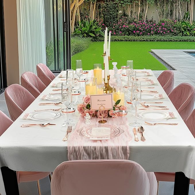 350 PCS Clear and Rose Gold Plastic Plates, Rose Gold Disposable Plates for 50 Guests, Includes 100 Disposable Plates, 50 Cups, 150 Silverwares, and 50 Napkins for Party, Wedding