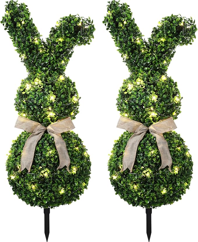2 Pcs 31.5 Inch Easter Artificial Bunny Shaped Topiary Trees with Ground Spike, Spring Faux Boxwood Topiary Rabbit Bushes Potted Fake Shrubs for Garden Patio Front Porch Indoor Outdoor Decor