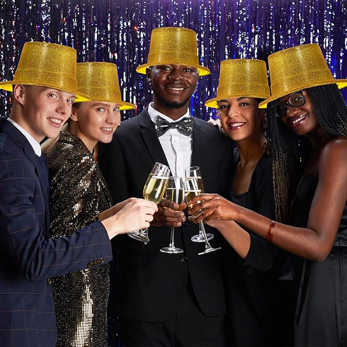 Hillban 50 Pack Glitter Top Hats Bulk Happy New Year Shiny Magician Top Hat for Adults Party