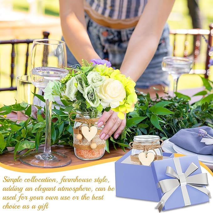 Mumufy 12 Sets Mason Jar Table Centerpiece with Lace Sleeves and Heart Shaped Hemp Rope Rustic Mason Jar Vases Reception Engagement Party Bridal Shower Centerpieces Wedding Table Decorations