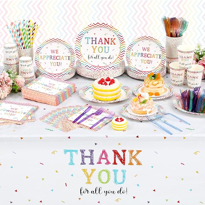 452 Pcs Thank You Party Decorations for 50, We Appreciate You Paper Plates Napkins Cups Tablecloth Cutlery Straws for Employee Staff Housekeeping Week Pastor Appreciation Party Supplies