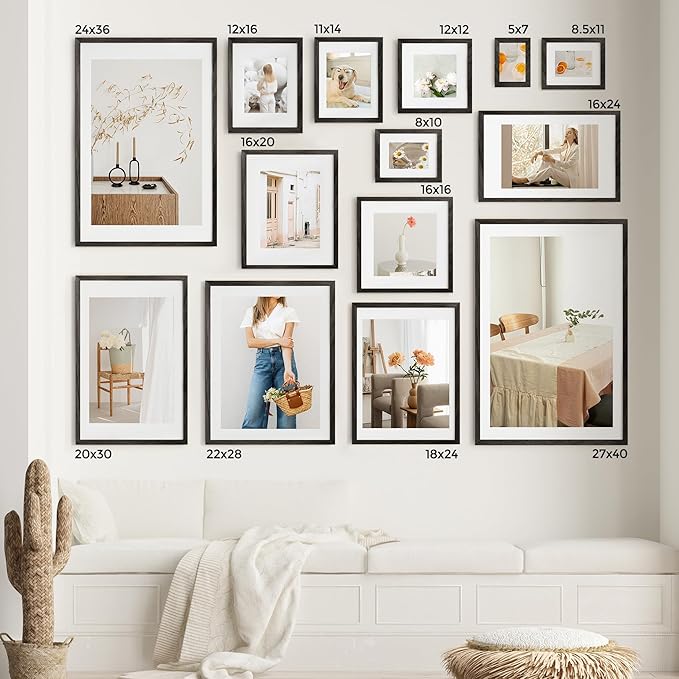 Axeman 16x24 Frame With Mat for 12x18, Solid Oak Wood Poster Frame With Tempered Glass, Picture Frame for Wall, Home Decor, Hanging Hardware Included, 2 PCs, Black