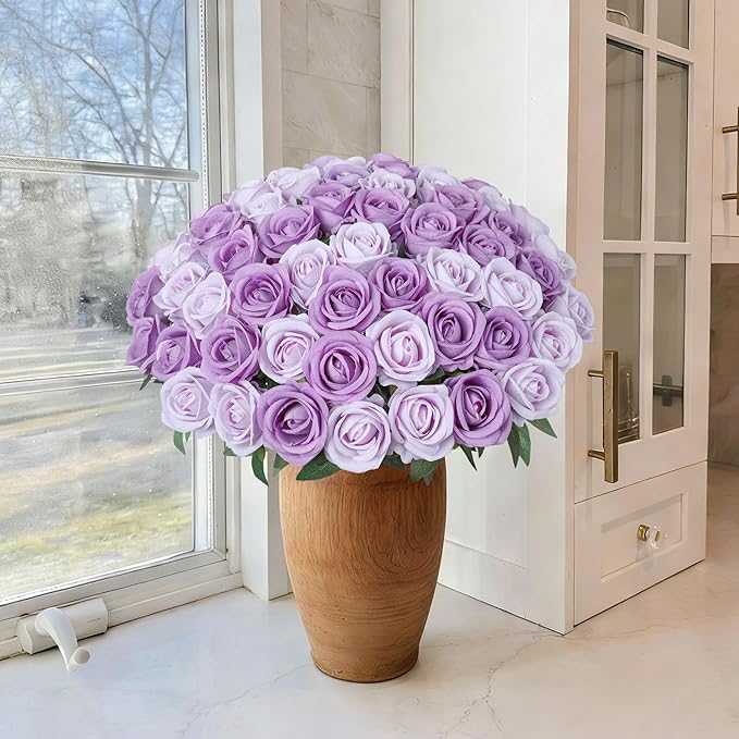 50 PCS Purple Roses Artificial Flowers, Fake Roses with Stem Realistic Silk Roses for DIY Wedding Bouquets Table Centerpieces Arrangements Baby Shower Birthday Home Decor Valentine's Day Gift for Her