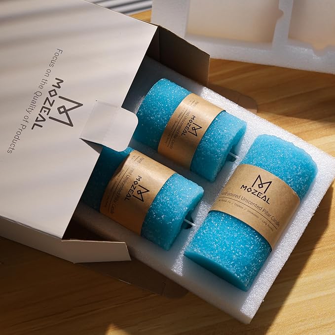 MOZEAL Hand-Poured Granular Texture Decorative Turquoise Pillar Candles Set of 3 (3"x4", 5", 6"), Dripless, Unscented, Smokeless, for Coastal Style, Summer Patio & Boho Beach House Décor
