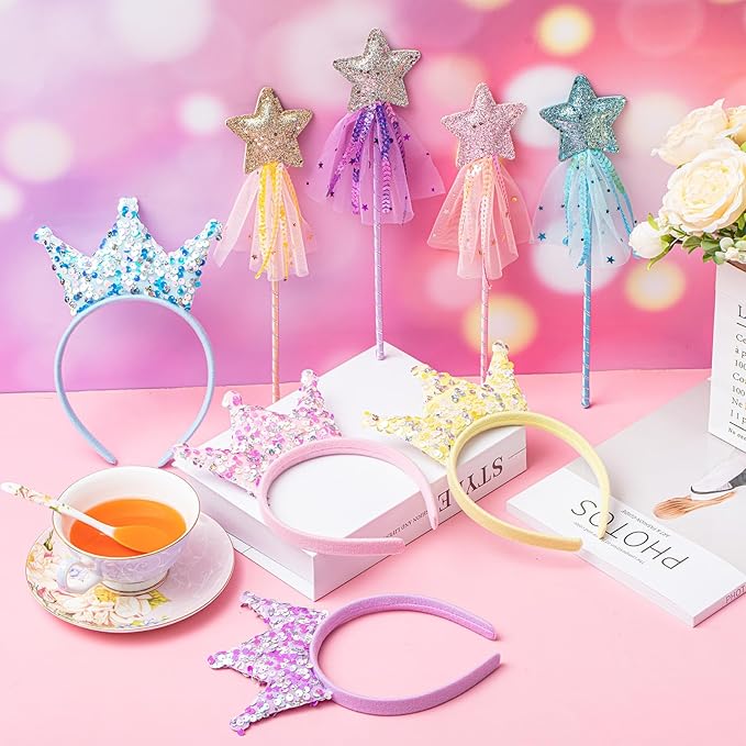 100 Pcs Princess Party Favors Including 50 Glitter Star Fairy Wands and 50 Sequin Princess Crown Headbands for Girls Birthday Party Gifts