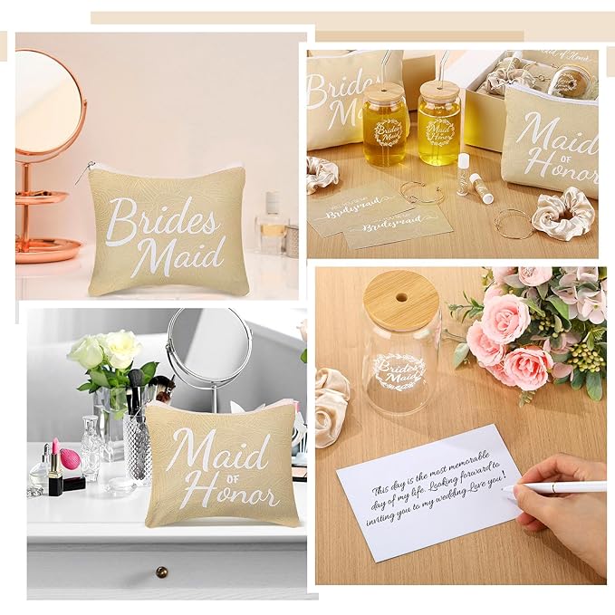 54 Pcs Bridesmaid Proposal Gifts, Maid of Honor Gift Include Wedding Gift Box Makeup Bag Invited Card Glass Cup Lip Balm Scrunchie Bracelet for Bridal Shower Bachelorette Party(Beige)