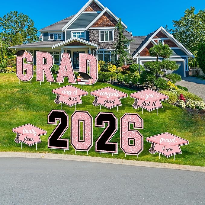 Aneco Waterproof 2026 Grad Yard Signs Plastic Graduation Yard Signs Party Outdoor Lawn Decorations 16 Inches Glitter Congrats Grad Lawn Sign with Stakes for Outdoor Party Garden Decor (Pink)