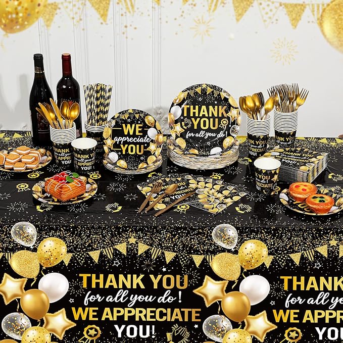 452 Pcs Black Gold We Appreciate You Decorations for 50, Thank You Paper Plates Napkins Cups Tablecloth Cutlery Straws for Employee Housekeeping Week Pastor Appreciation Party Supplies