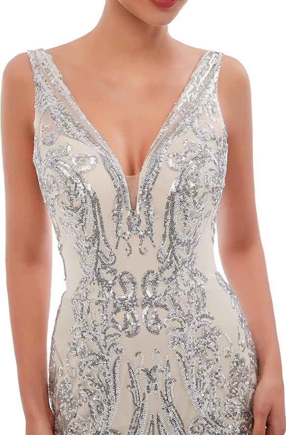 Women's Double V-Neck Sequins Lace-up Mermaid Evening Dress
