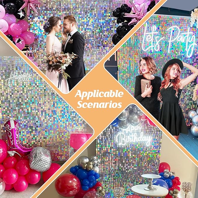 4 FT x 6 FT Iridescent Silver Shimmer Wall Backdrop,Shiny Sequins,24PCS Sequins Backdrop Decoration Panels,Photo Background Decorations for Birthday Party Wedding Anniversary Graduation Baby Shower