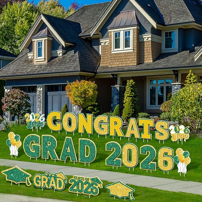 ANVAVO 2026 Congrats Grad Yard Signs Graduation Waterproof Decorations Graduation Yard Sign Decorations Grad Party Outdoor Lawn Decor with Stakes, Green and Gold