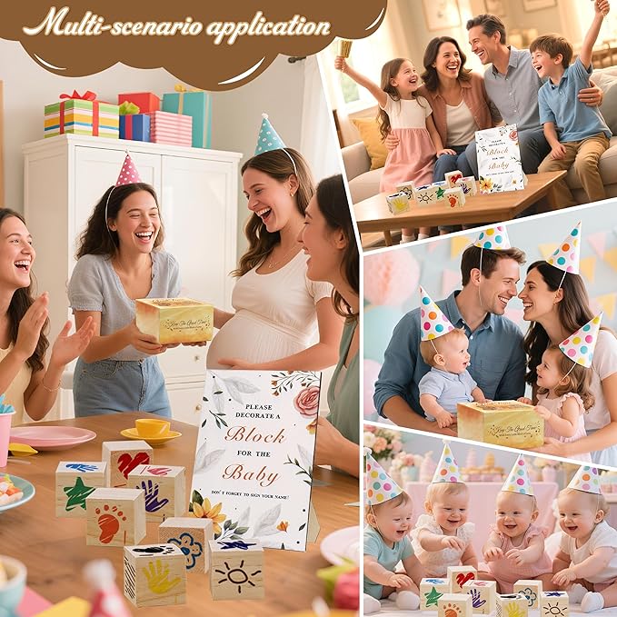 95 PCS Baby Shower Games Sign Kit for Boys Girls, 1 Wooden Game Sign, 52 Blank Wooden Blocks for DIY Drawing, 24 Markers, 18 Stencils, Baby Shower Game for Gender Reveal Activity Decorations