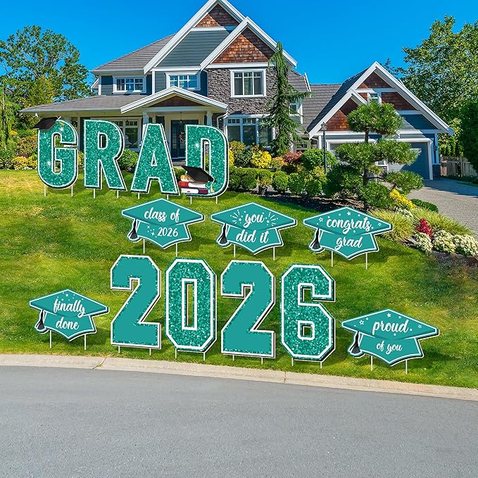 Aneco Waterproof 2026 Grad Yard Signs Plastic Graduation Yard Signs Party Outdoor Lawn Decorations 16 Inches Glitter Congrats Grad Lawn Sign with Stakes for Outdoor Party Garden Decor (Teal)
