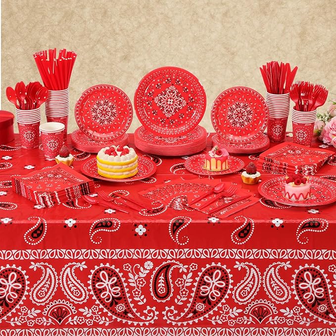 452 Pcs Red Bandana Western Party Decorations for 50 Guests, Red Bandana Paper Plates Cups Napkins Tablecloth Cutlery Straws for Cowboy Cowgirl Farm Baby Shower Birthday Party Supplies