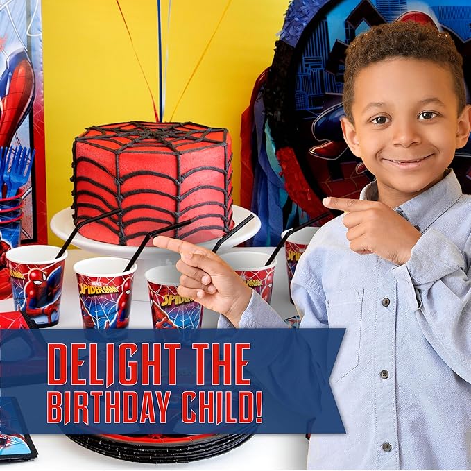 Spiderman Birthday Decorations | Spiderman Party Decorations | Serves 16 Guests | Balloons, Banner, Table Cover, Plates, Cups, Napkins, Masks, Button | Officially Licensed