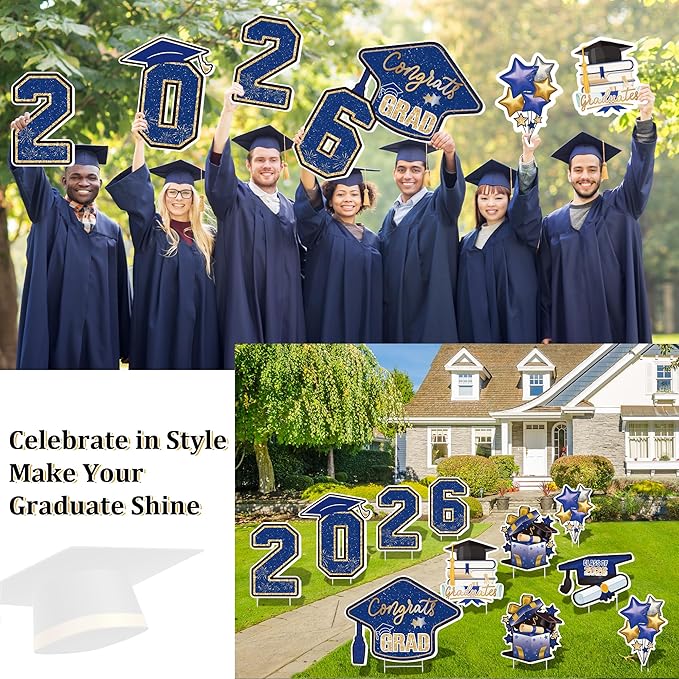Large 11 PCS Graduation Yard Signs, Class of 2026 Congrats Grad Outdoor Lawn Yard Sign with Stakes, Graduate Yard Decorations for College High School Party, Blue and Gold