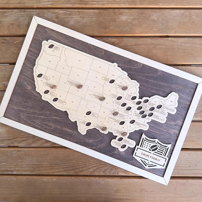 Personalized Wooden American Football Stadium Tracker Map - Football Stadium Bucket List - Custom Travel Map - Handcrafted Wall Art - Unique Gift for Football Fans (Without Silhouette)