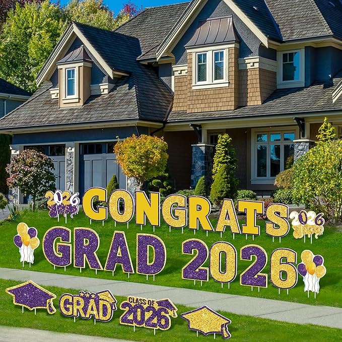 ANVAVO 2026 Congrats Grad Yard Signs Graduation Waterproof Decorations Graduation Yard Sign Decorations Grad Party Outdoor Lawn Decor with Stakes, Purple and Gold