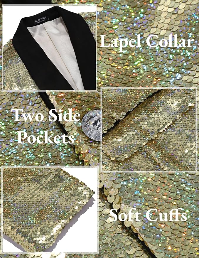 COOFANDY Mens Shiny Sequin Blazer Tuxedo Party Dinner Prom One Button Suit Jacket